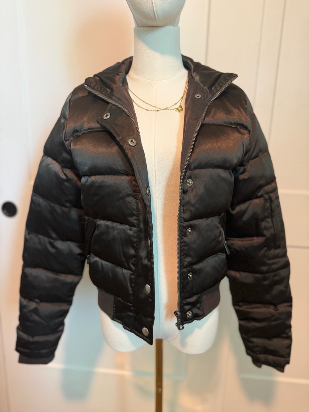 Juicy Couture Black Quilted Satin Puffer Jacket with Hood